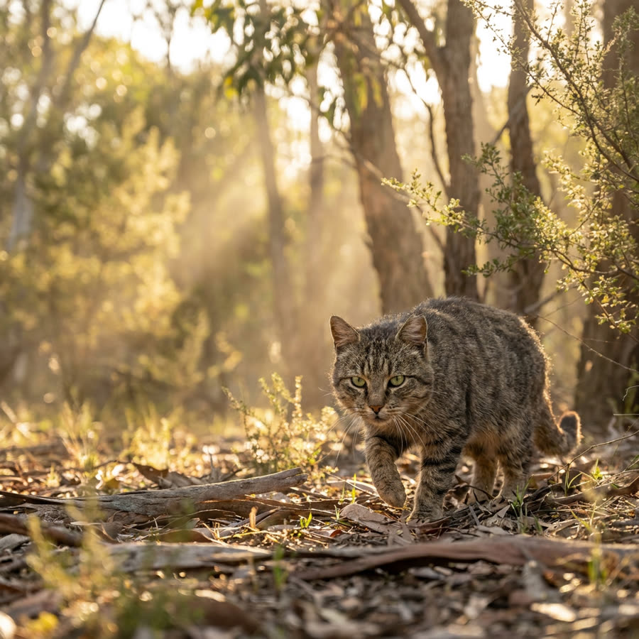 Feral cat stalking through dry eucalypt bushland