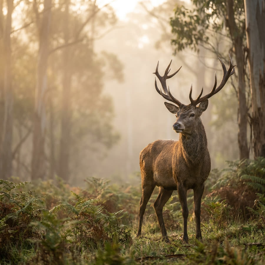 Feral deer stag standing in misty NSW forest