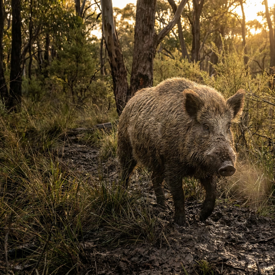 Feral pig moving through churned mud in timbered country