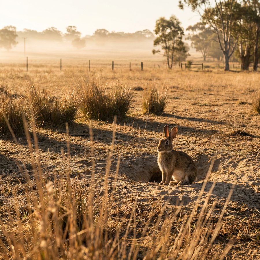 Wild rabbit at its warren entrance in dry NSW pasture at dawn